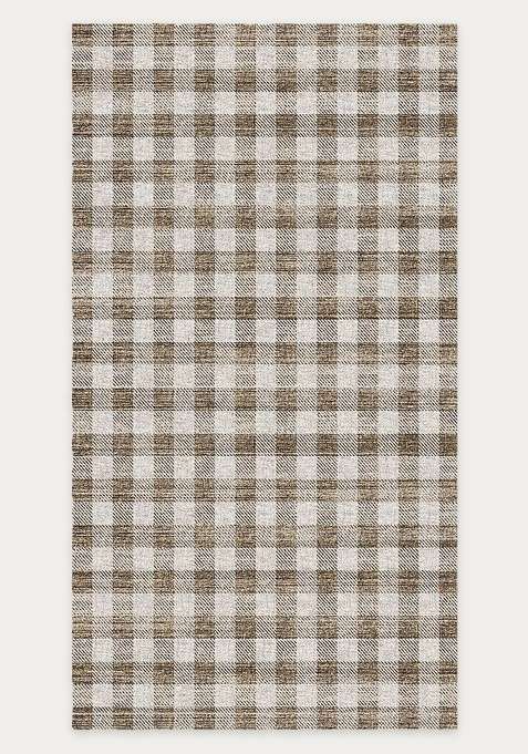 Washable Rugs Wool Blend Area Rug | Brown Beige Checkered Non Slip Carpet For Living Room