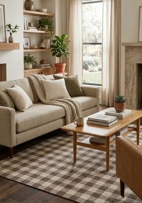 Saffron Rugs Hand Tufted Brown Checkered Farmhouse Rectangular Wool Area Rug