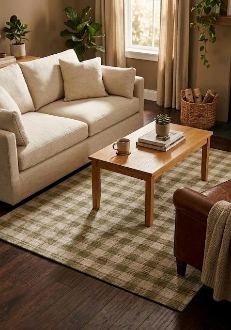 Saffron Rugs Wool Flat Weave TPR Backing Machine Washable Rectangular Rug | Water Repellent Non Slip | Sage Green Farmhouse Checkered Carpet for Living Room