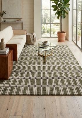 Saffron Rugs Hand Tufted Olive Green Geometric Contemporary Rectangular Wool Area Rug