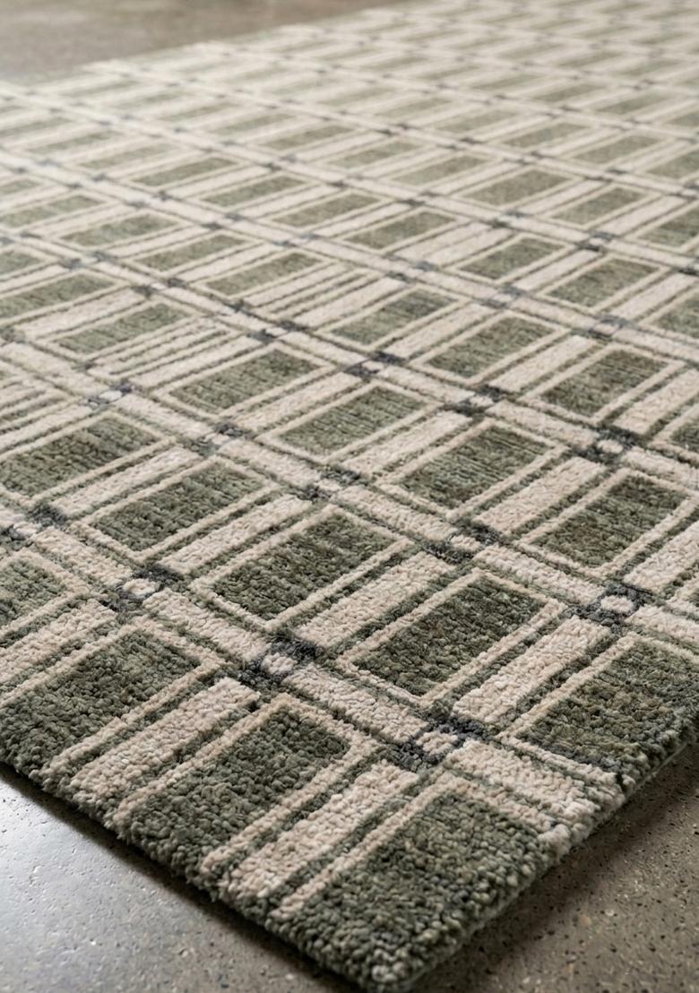Saffron Rugs Hand Tufted Olive Green Geometric Contemporary Rectangular Wool Area Rug - Indya