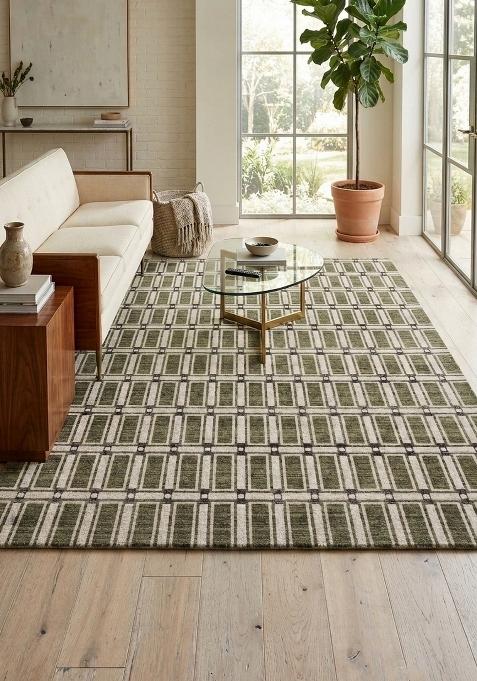 Saffron Rugs Wool Flat Weave TPR Backing Machine Washable Rectangular Rug | Water Repellent Non Slip | Olive Green Contemporary Geometric Carpet for Living Room
