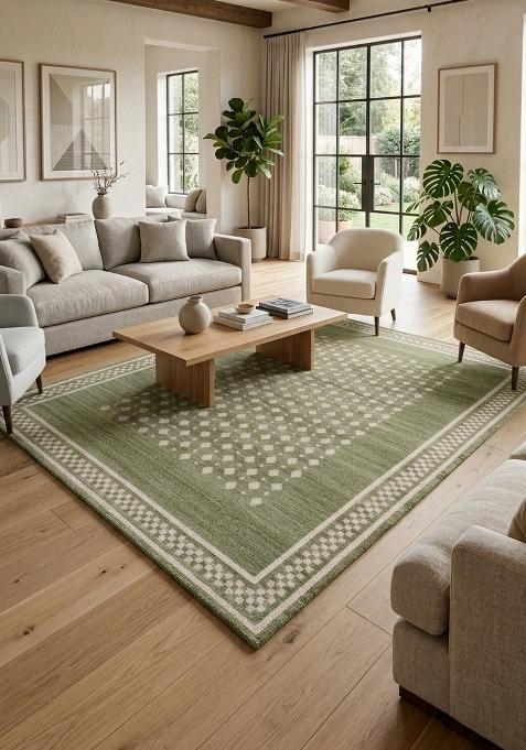 Saffron Rugs Wool Flat Weave TPR Backing Machine Washable Rectangular Rug | Water Repellent Non Slip | Sage Green Transitional Geometric Carpet for Living Room