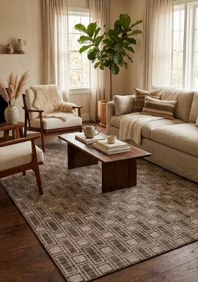 Saffron Rugs Hand Tufted Beige Brown Geometric Mid-Century Modern Rectangular Wool Area Rug