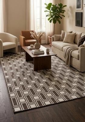 Saffron Rugs Hand Tufted Dark Brown Beige Geometric Mid-Century Modern Rectangular Wool Area Rug