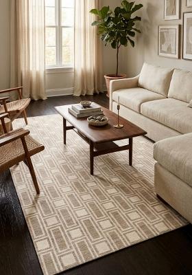 Saffron Rugs Hand Tufted Beige Taupe Geometric Mid-Century Modern Rectangular Wool Area Rug