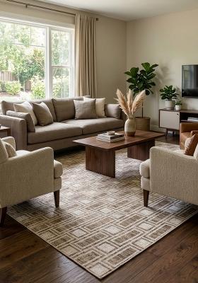 Saffron Rugs Hand Tufted Warm Taupe Brown Geometric Mid-Century Modern Rectangular Wool Area Rug