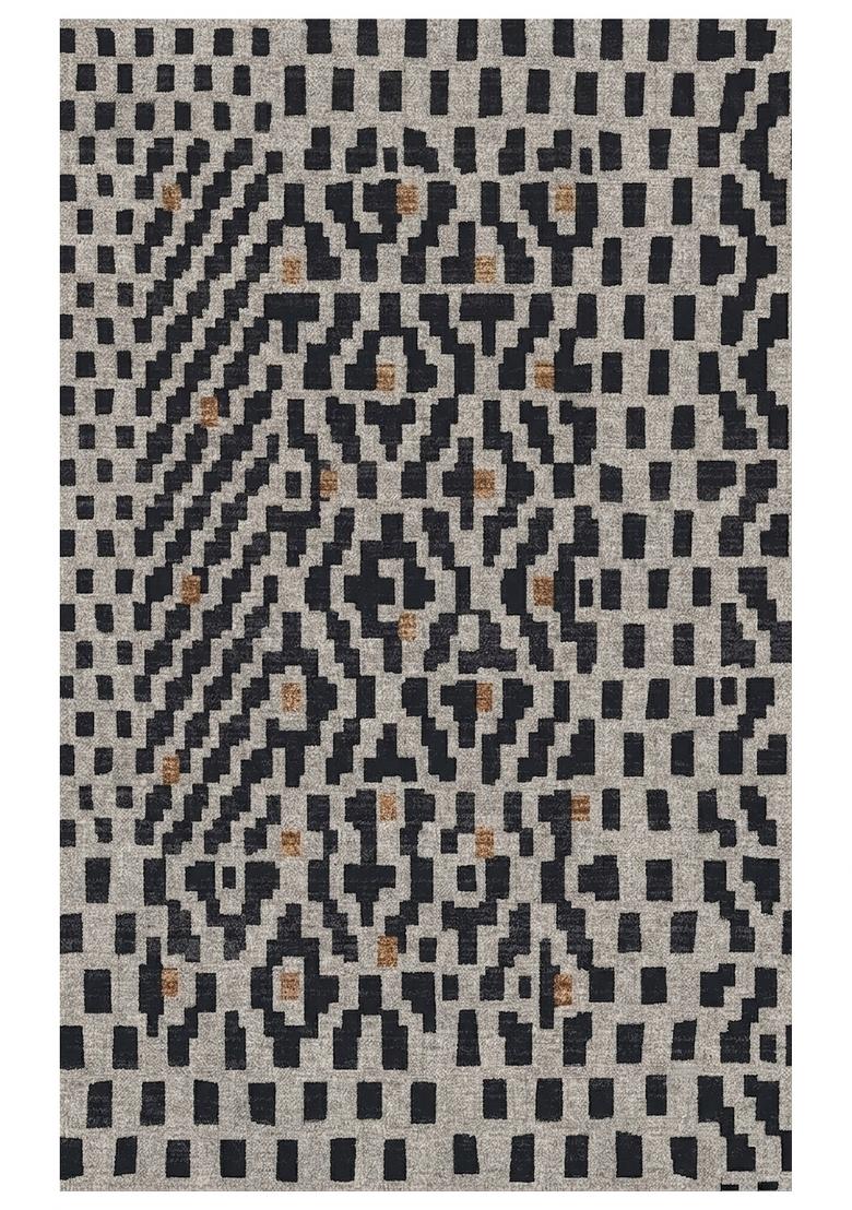 Saffron Rugs Hand Tufted Black Grey Geometric Bohemian Rectangular Wool Area Rug - Indya