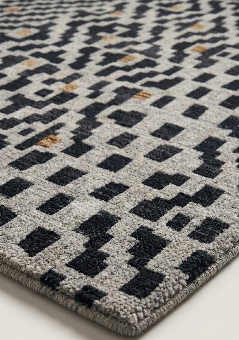 Saffron Rugs Hand Tufted Black Grey Geometric Bohemian Rectangular Wool Area Rug - Indya