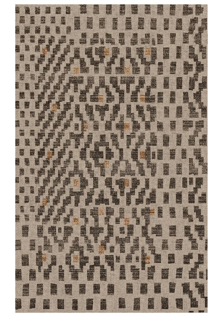 Saffron Rugs Hand Tufted Beige Charcoal Geometric Bohemian Rectangular Wool Area Rug - Indya