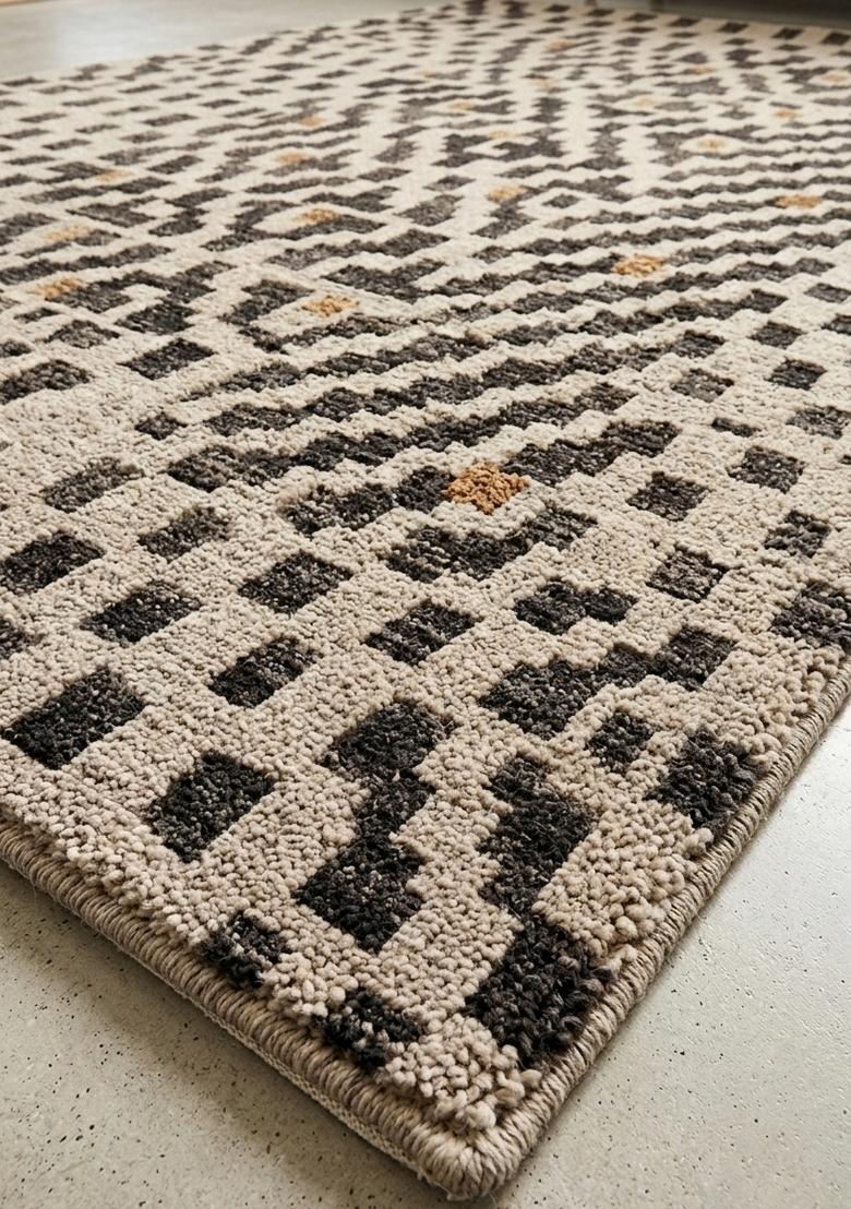 Saffron Rugs Hand Tufted Beige Charcoal Geometric Bohemian Rectangular Wool Area Rug - Indya