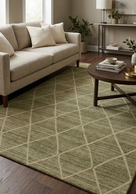 Saffron Rugs Wool Flat Weave TPR Backing Machine Washable Rectangular Rug | Water Repellent Non Slip | Olive Green Moroccan Trellis Carpet for Living Room