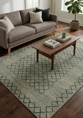 Saffron Rugs Hand Tufted Light Grey Sage Trellis Moroccan Rectangular Wool Area Rug