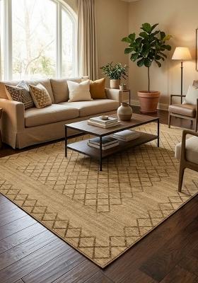 Saffron Rugs Hand Tufted Warm Tan Beige Trellis Moroccan Rectangular Wool Area Rug