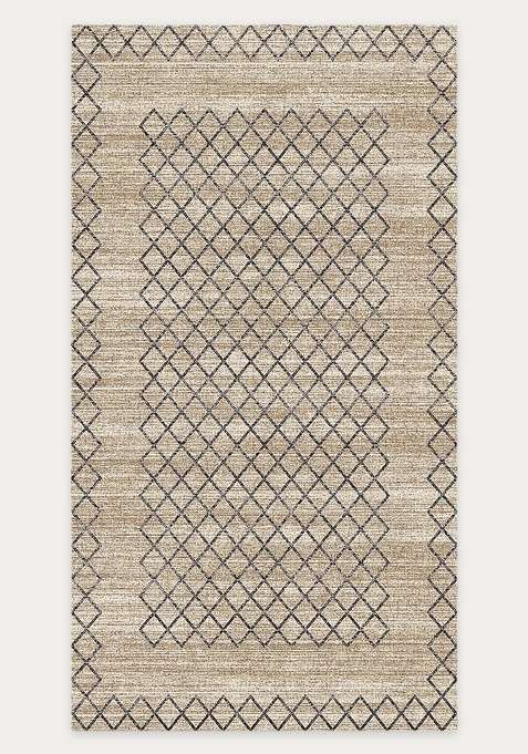 Washable Rugs Wool Blend Area Rug | Natural Beige Moroccan Trellis Non Slip Carpet For Living Room