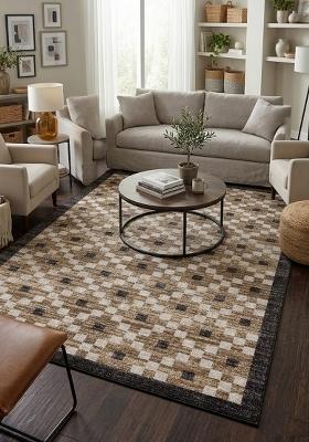 Saffron Rugs Hand Tufted Brown Tan Checkered Transitional Rectangular Wool Area Rug