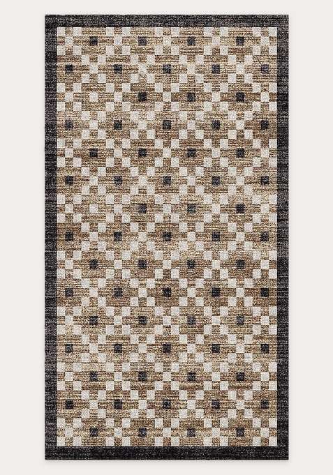 Washable Rugs Wool Blend Area Rug | Brown Tan Transitional Checkered Non Slip Carpet For Living Room
