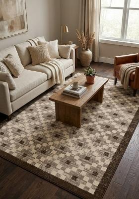 Saffron Rugs Hand Tufted Beige Brown Checkered Transitional Rectangular Wool Area Rug