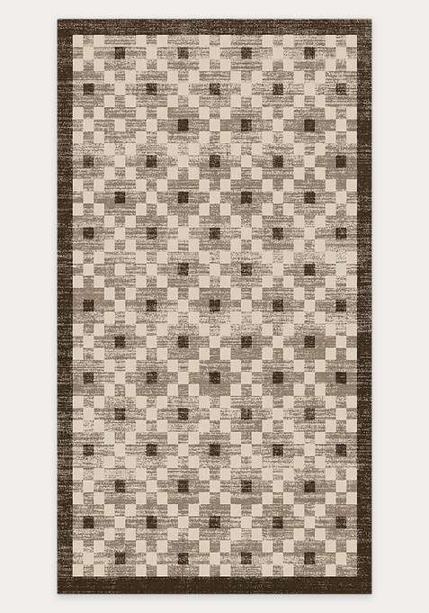 Washable Rugs Wool Blend Area Rug | Beige Brown Transitional Checkered Non Slip Carpet For Living Room
