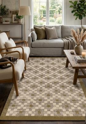 Saffron Rugs Hand Tufted Beige Gold Checkered Transitional Rectangular Wool Area Rug