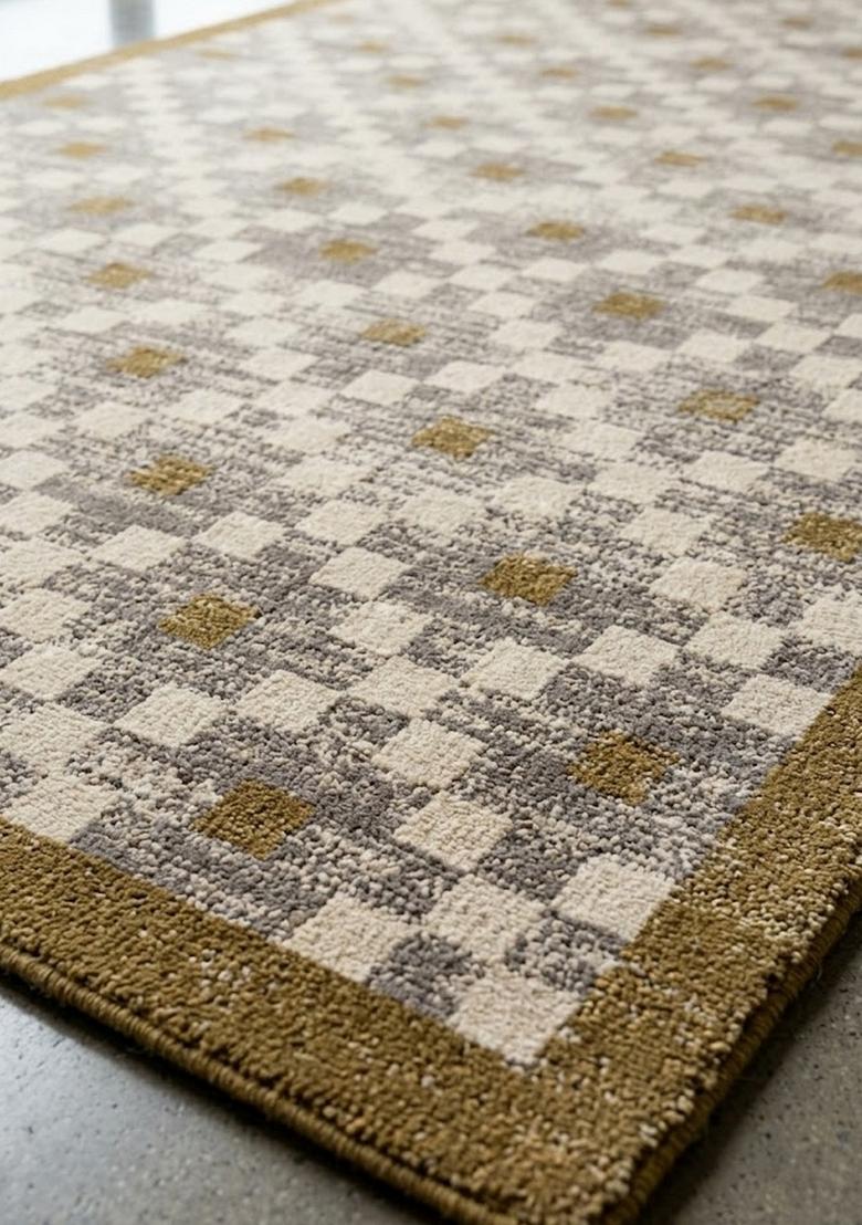 Saffron Rugs Hand Tufted Beige Gold Checkered Transitional Rectangular Wool Area Rug - Indya