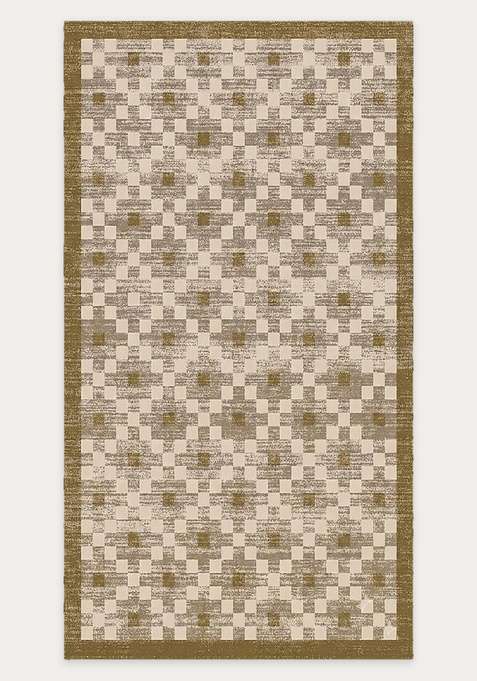 Washable Rugs Wool Blend Area Rug | Beige Gold Transitional Checkered Non Slip Carpet For Living Room