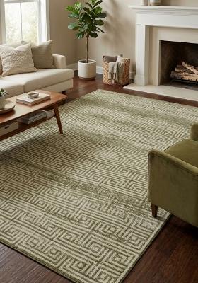 Saffron Rugs Hand Tufted Olive Green Geometric Contemporary Rectangular Wool Area Rug