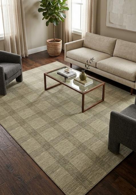 Saffron Rugs Wool Flat Weave TPR Backing Machine Washable Rectangular Rug | Water Repellent Non Slip | Sage Green Transitional Plaid Carpet for Living Room