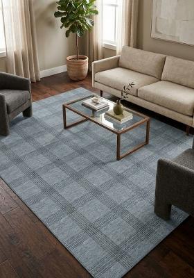 Saffron Rugs Hand Tufted Steel Blue Grey Plaid Transitional Rectangular Wool Area Rug
