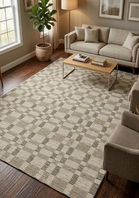 Saffron Rugs Hand Tufted Beige Tan Checkered Contemporary Rectangular Wool Area Rug