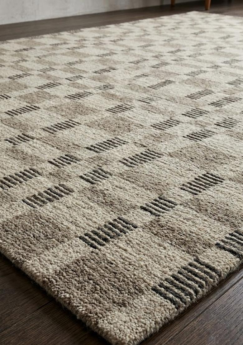 Saffron Rugs Hand Tufted Beige Tan Checkered Contemporary Rectangular Wool Area Rug - Indya