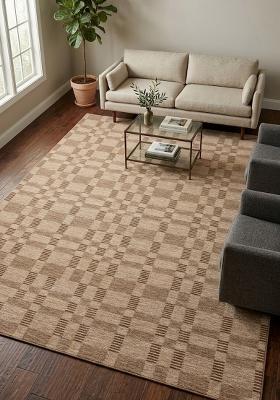Saffron Rugs Hand Tufted Warm Tan Beige Checkered Contemporary Rectangular Wool Area Rug