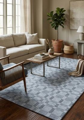 Saffron Rugs Hand Tufted Light Blue Grey Checkered Contemporary Rectangular Wool Area Rug