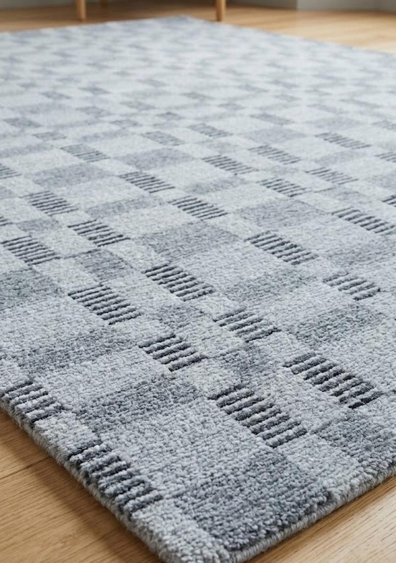 Saffron Rugs Hand Tufted Light Blue Grey Checkered Contemporary Rectangular Wool Area Rug - Indya
