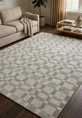 Saffron Rugs Hand Tufted Light Grey Checkered Contemporary Rectangular Wool Area Rug