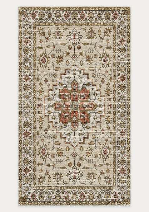 Washable Rugs Wool Blend Area Rug | Ivory Cream Oriental Geometric Non Slip Carpet For Living Room