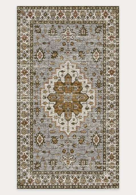 Washable Rugs Wool Blend Area Rug | Steel Grey Oriental Geometric Non Slip Carpet For Living Room