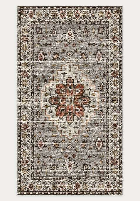 Washable Rugs Wool Blend Area Rug | Grey Oriental Geometric Non Slip Carpet For Living Room