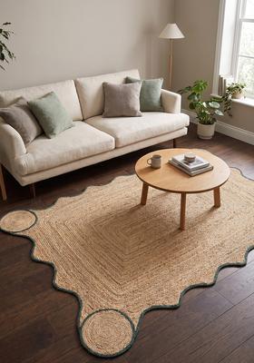 Saffron Rugs Flat Woven Natural Beige  Bohemian Scalloped Wool Area Rug