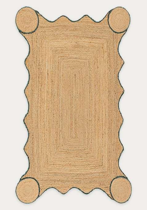Jute Wool Braided Natural Beige Rug | Bohemian Braided Scalloped Flat Woven Reversible Carpet For Living Room