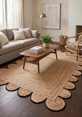 Saffron Rugs Flat Woven Natural Beige  Boho Scalloped Wool Area Rug