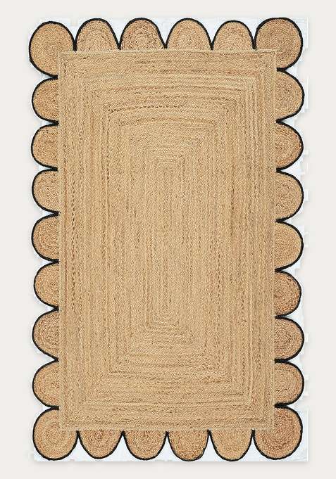 Jute Wool Braided Natural Beige Rug | Boho Braided Scalloped Flat Woven Reversible Carpet For Living Room