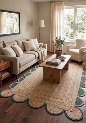 Saffron Rugs Flat Woven Natural Beige  Boho Scalloped Wool Area Rug