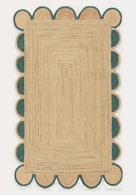 Jute Wool Braided Natural Beige Rug | Boho Braided Scalloped Flat Woven Reversible Carpet For Living Room