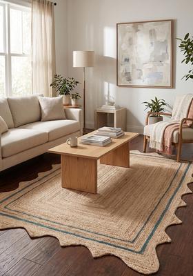 Saffron Rugs Flat Woven Natural Beige  Bohemian Scalloped Wool Area Rug