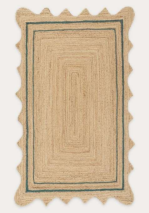 Jute Wool Braided Natural Beige Rug | Bohemian Abstract Scalloped Flat Woven Reversible Carpet For Living Room