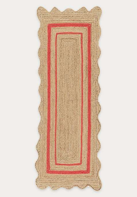Jute Wool Braided Natural Beige Rug | Bohemian Striped Scalloped Flat Woven Reversible Carpet For Living Room