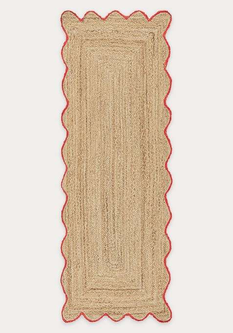 Jute Wool Braided Natural Beige Rug | Bohemian Braided Scalloped Flat Woven Reversible Carpet For Living Room