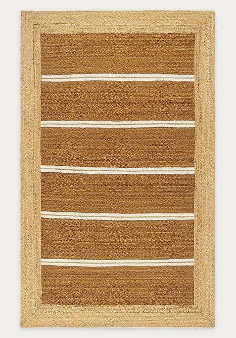 Jute Wool Braided Natural Brown Rug | Bohemian Striped Flat Woven Reversible Carpet For Living Room