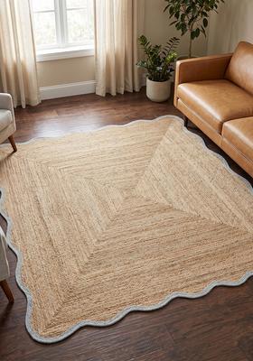 Saffron Rugs Flat Woven Natural Beige  Coastal Scalloped Wool Area Rug